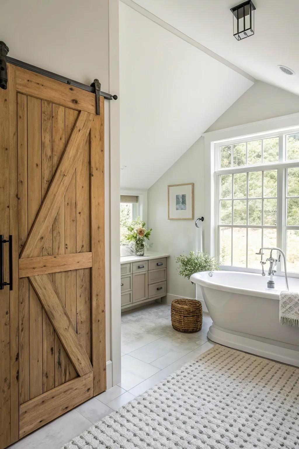 A barn door design that maximizes natural illumination brightens the bathroom.