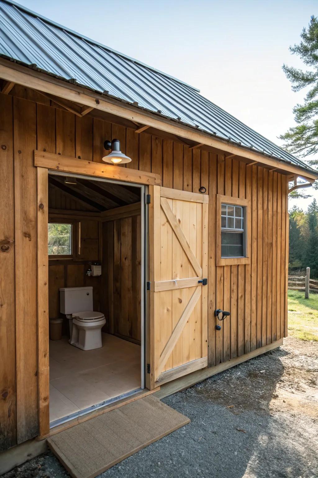 A compact restroom improves the functionality of this barn garage.