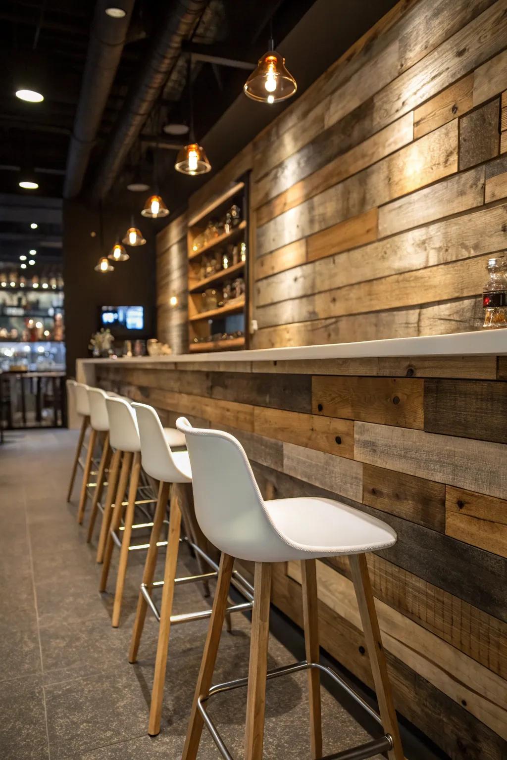 A wood plank wall adding character to a bar section.