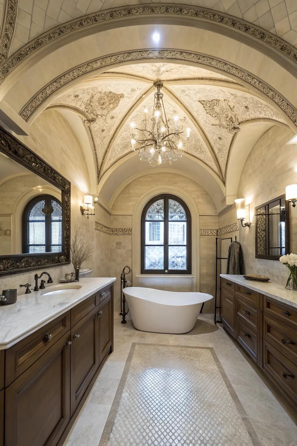An exquisite bathing space featuring a vaulted arched ceiling for increased opulence.