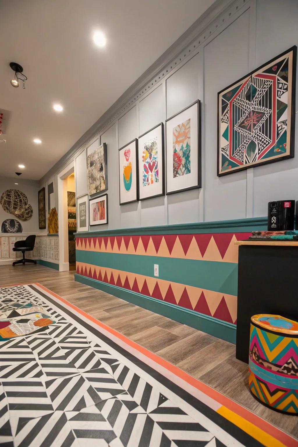 Studio featuring dynamic geometric baseboard trim.