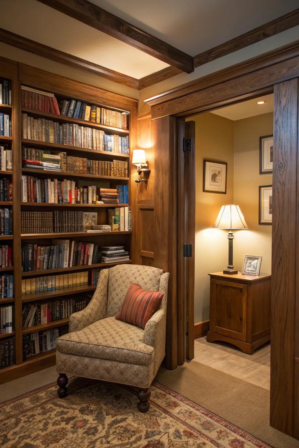 A hidden door disguised as a bookshelf adds mystery and charm.