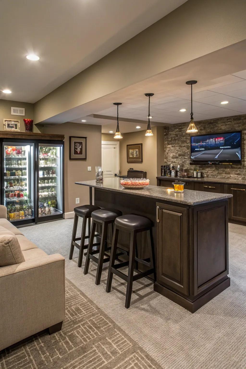 A chic drink station enhances the entertainment appeal of this basement.