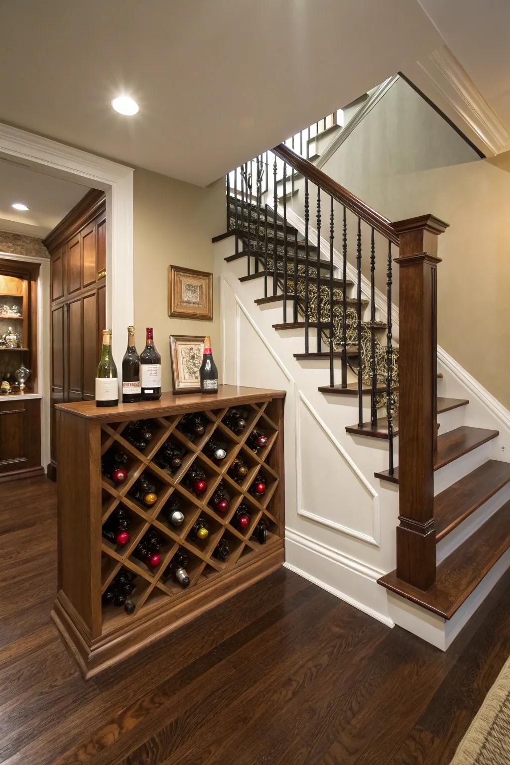 A wine rack under the stairs adds a touch of elegance and functionality.