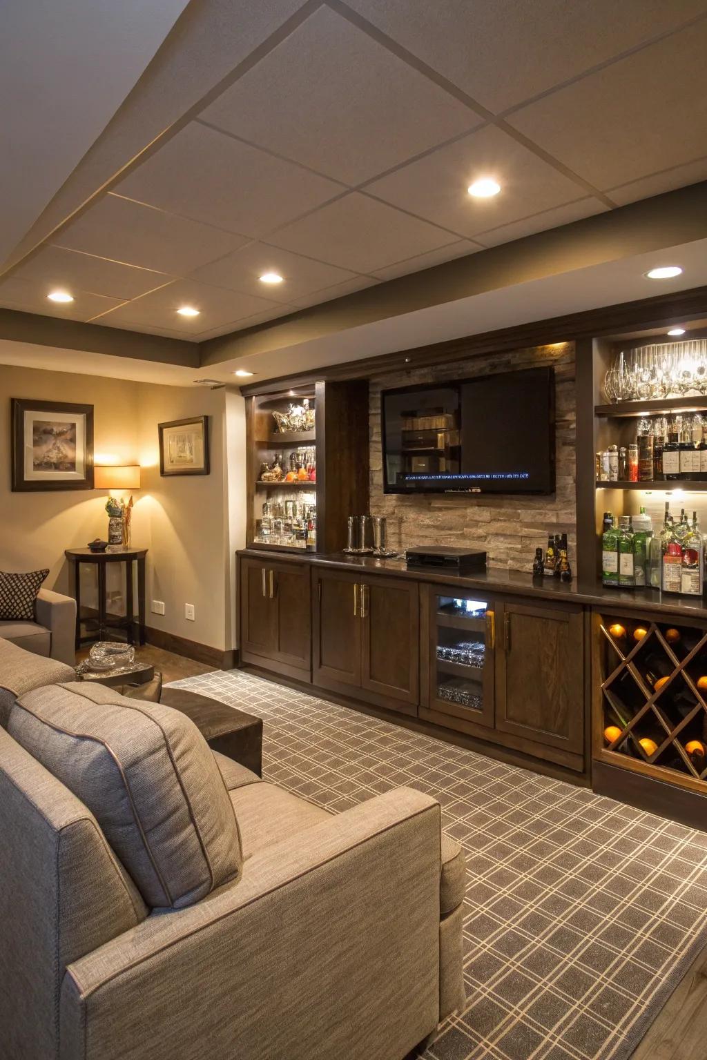 A basement TV room showcasing a fashionable mini bar for facile access to refreshments.