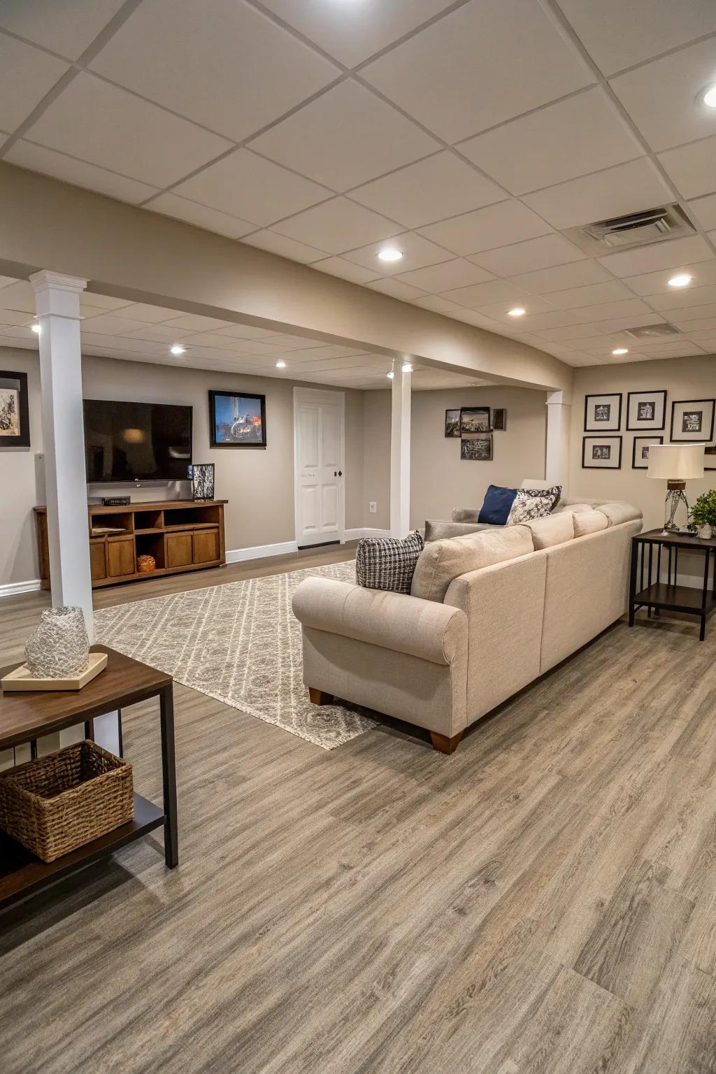 Vinyl flooring in neutral tones is versatile and adaptable.