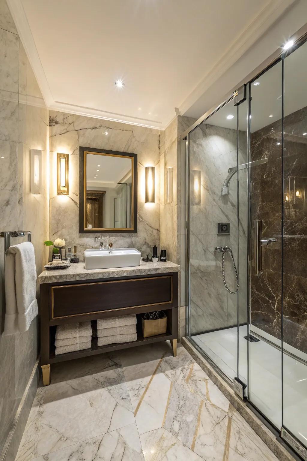 A compact bathroom design that emanates luxury and sophistication.
