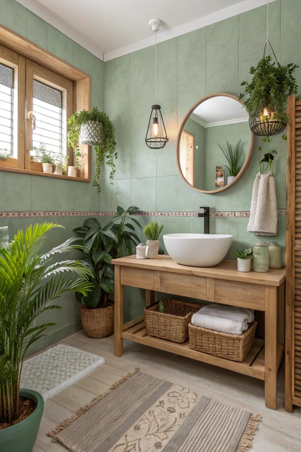 Muted olive walls create a soothing and natural bathroom environment.