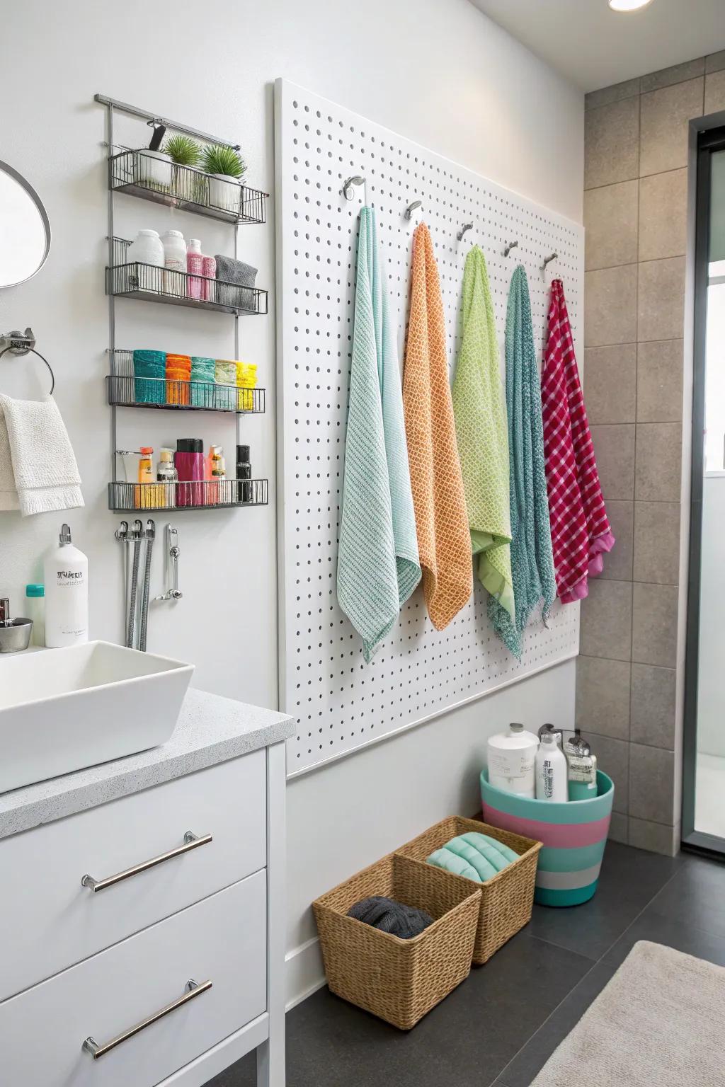 Pegboards ensure adaptable and flexible towel storage.