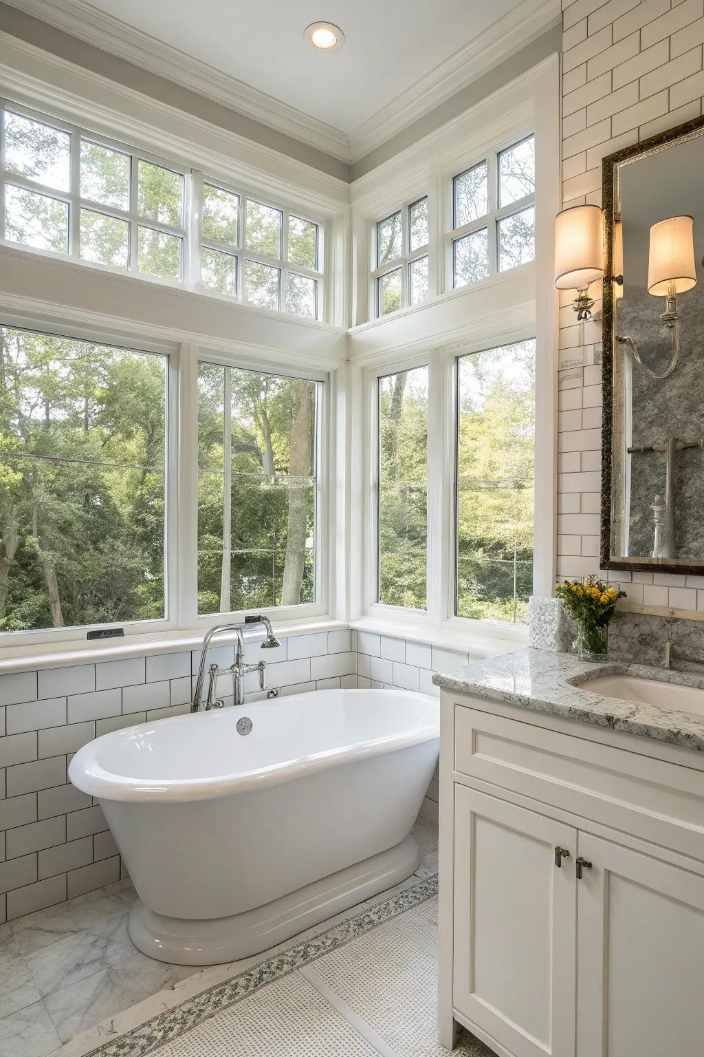 Bay windows add old style beauty to the bathroom.