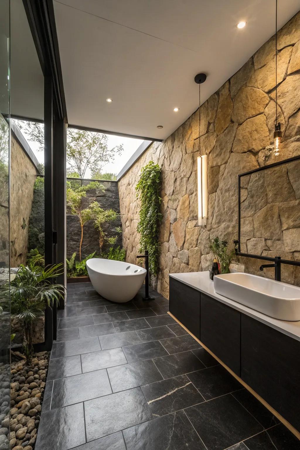 Rock-like surfaces contribute elegance to the modern dark-toned floor.