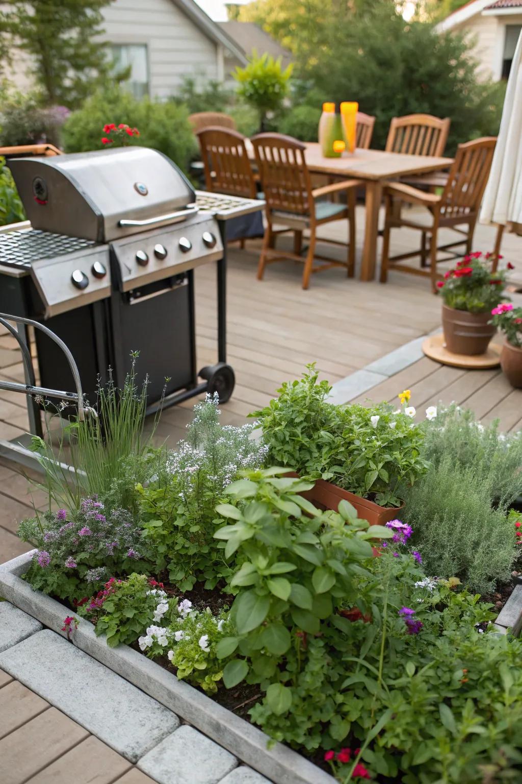 A culinary garden layout contributes greenery and freshness to your BBQ patio.