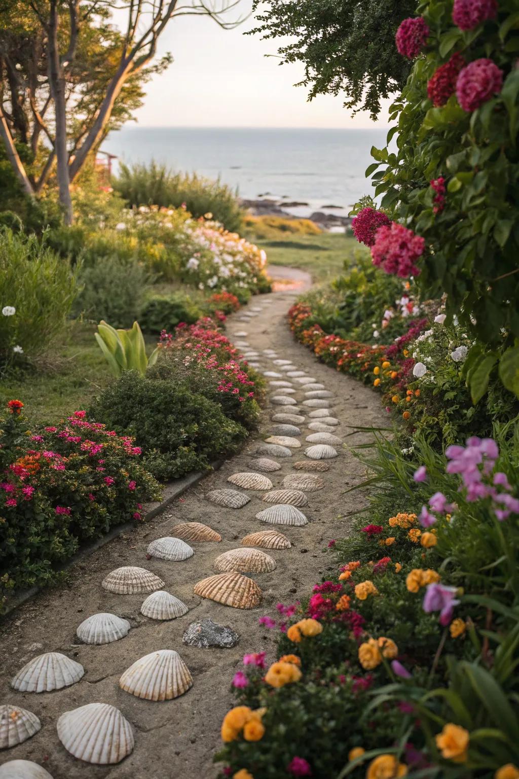 A seashell path provides a fun and sensory feel.