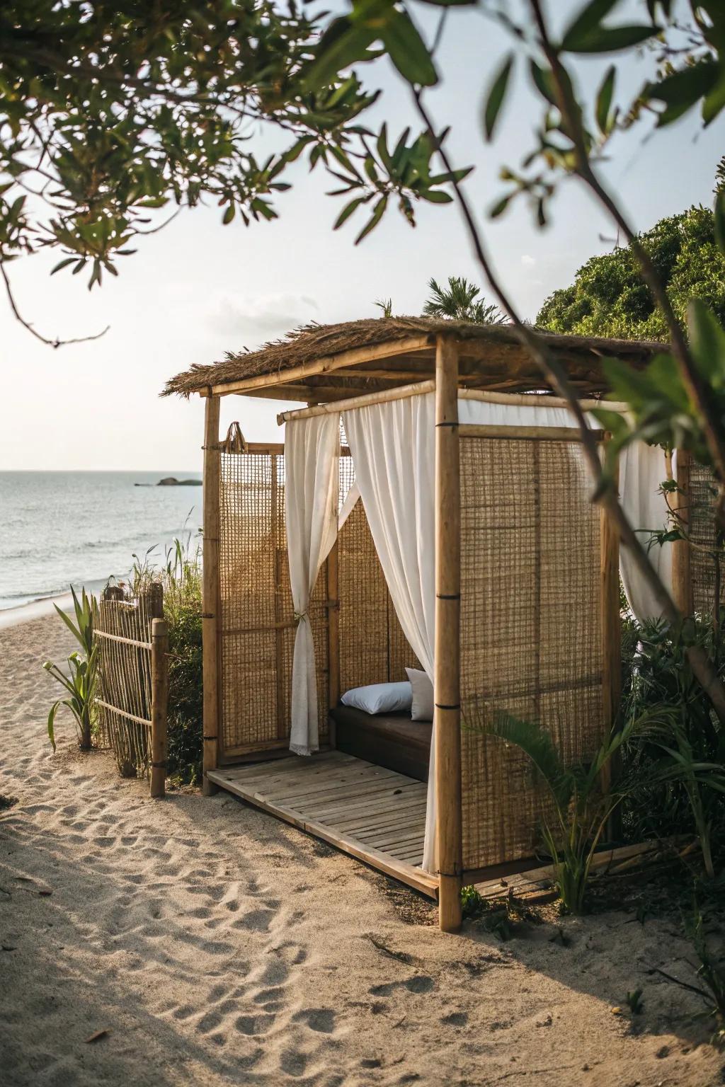 Plant-based screens offer privacy and a tropical vibe to the beach outbuilding area.
