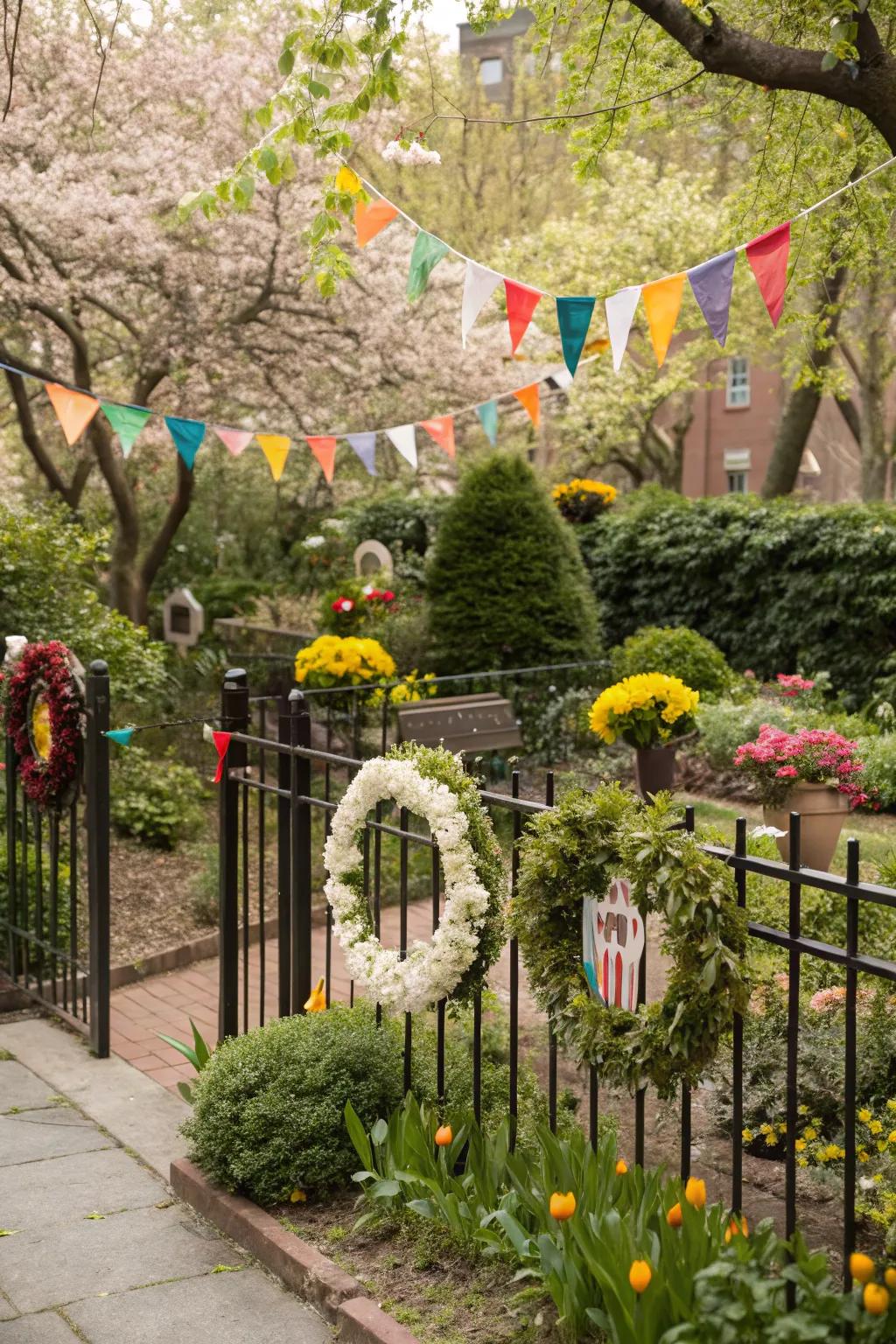 A garden adorned with festive spring-themed banners and wreaths.