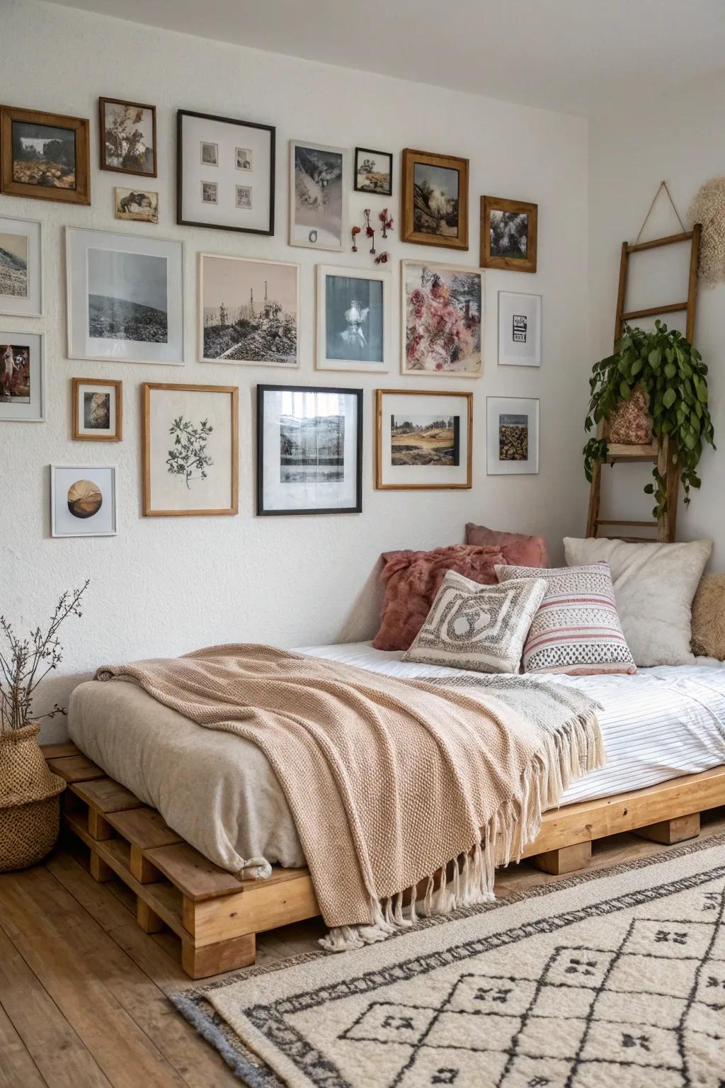 Showcase your personality and style with a gallery wall surrounding your floor bed.