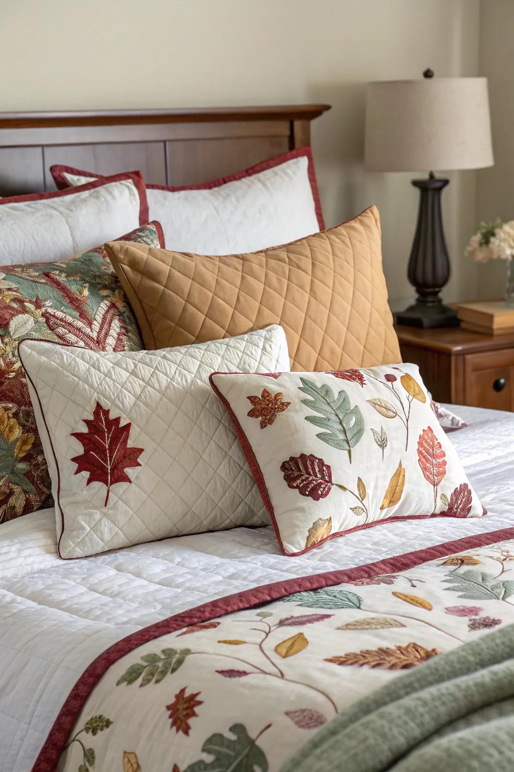 Revitalize your bedroom by seasonally rotating cushions.