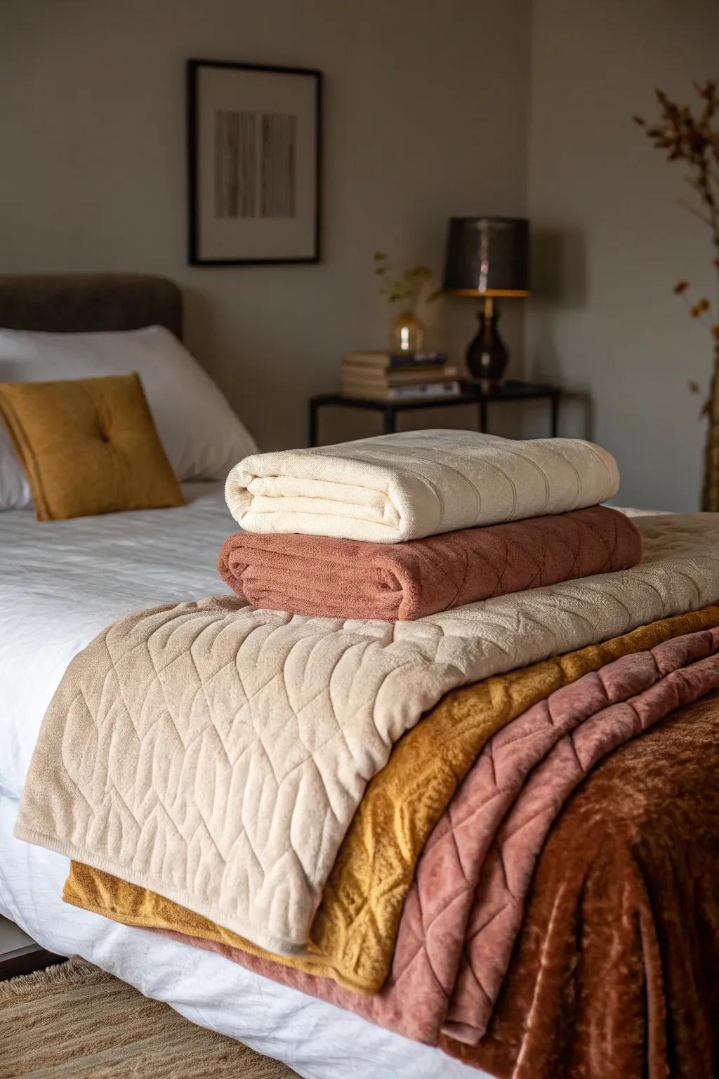 Tiered throws contribute warmth and style to a bed.