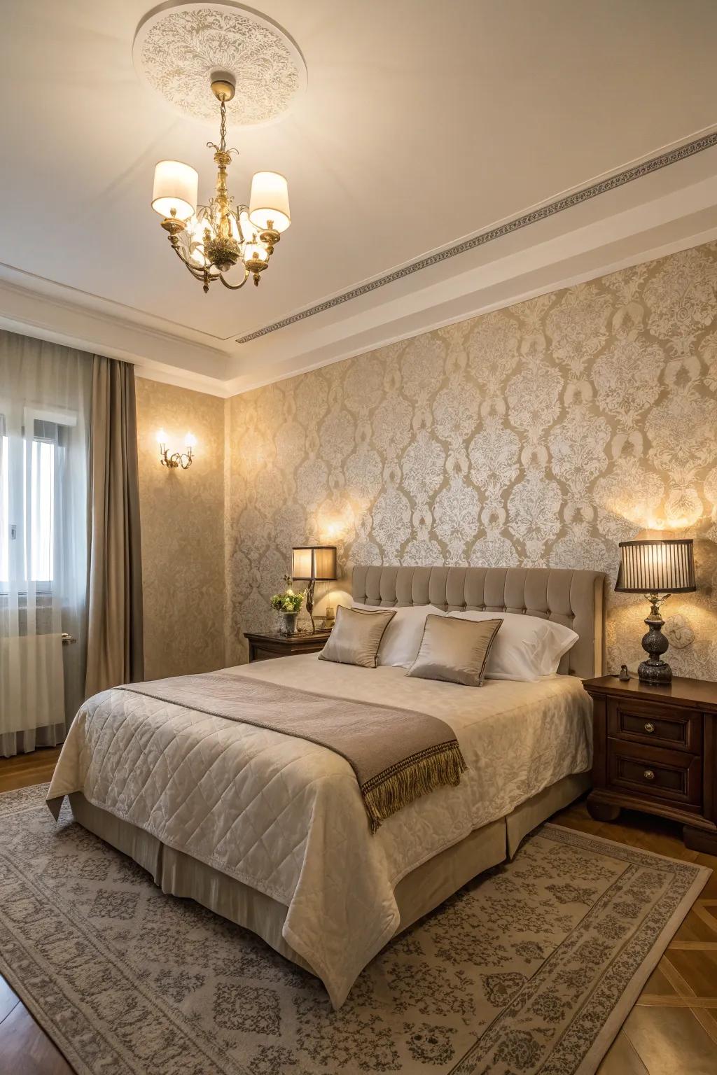 Visual depth is enhanced with patterned wallpaper in the bedroom.