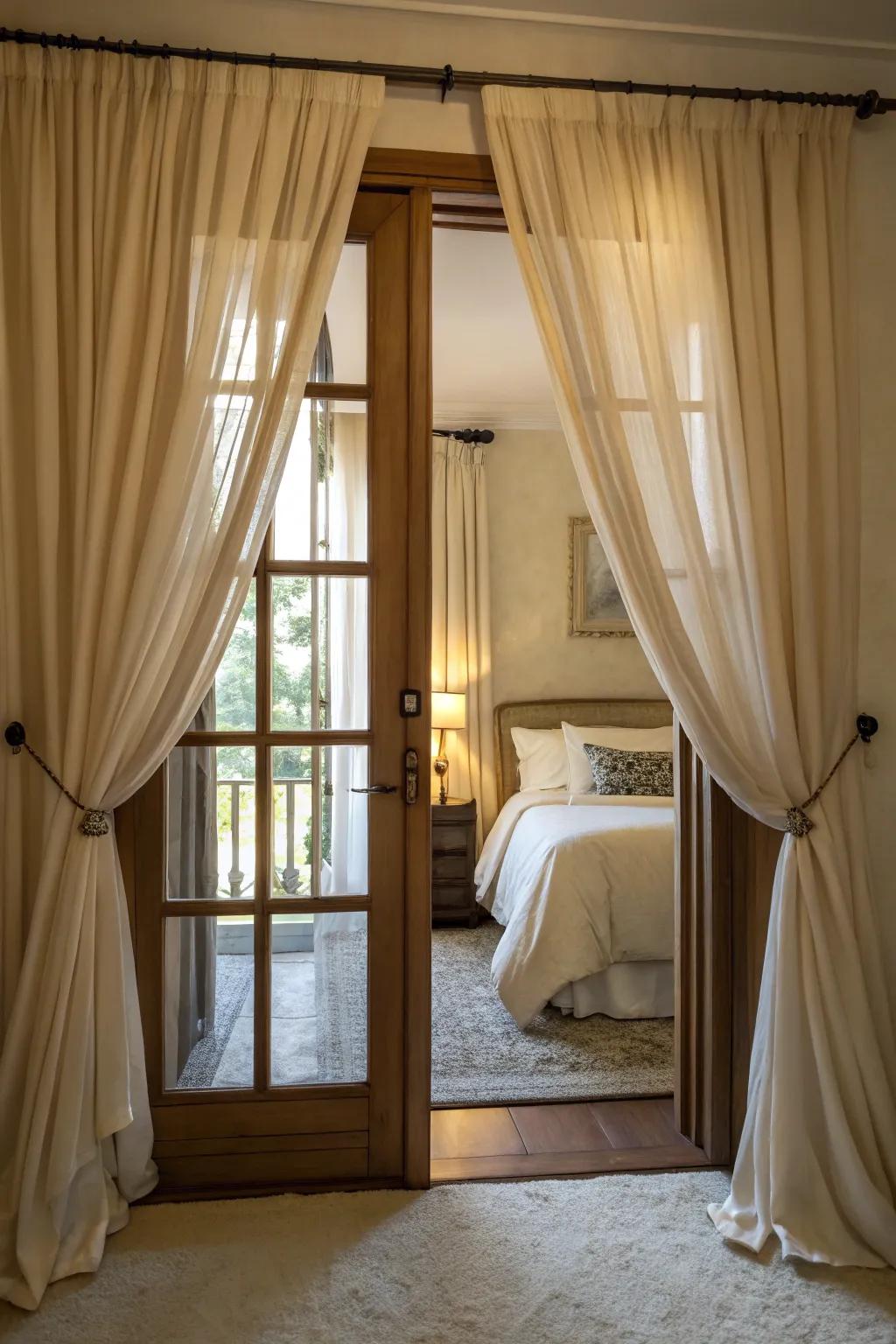 Draped partitions contribute elegance and a soft accent to your bedroom entrance.