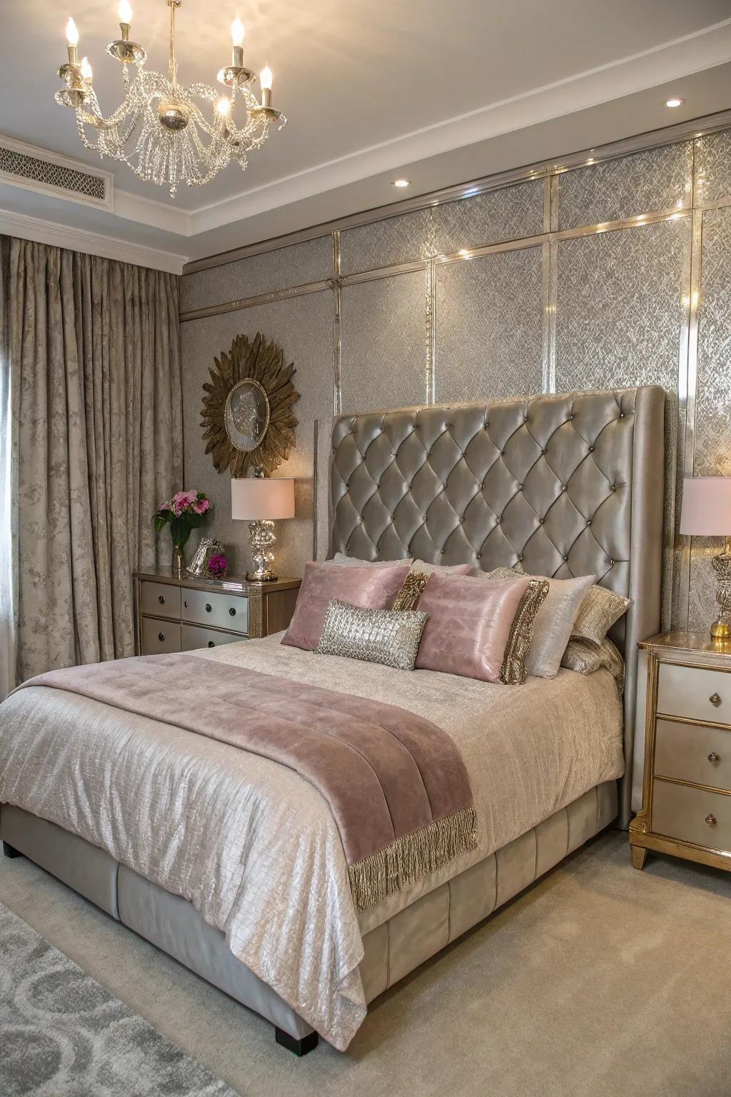 Luxurious metallic accents and plush fabrics add luxury to this elegant bedroom.