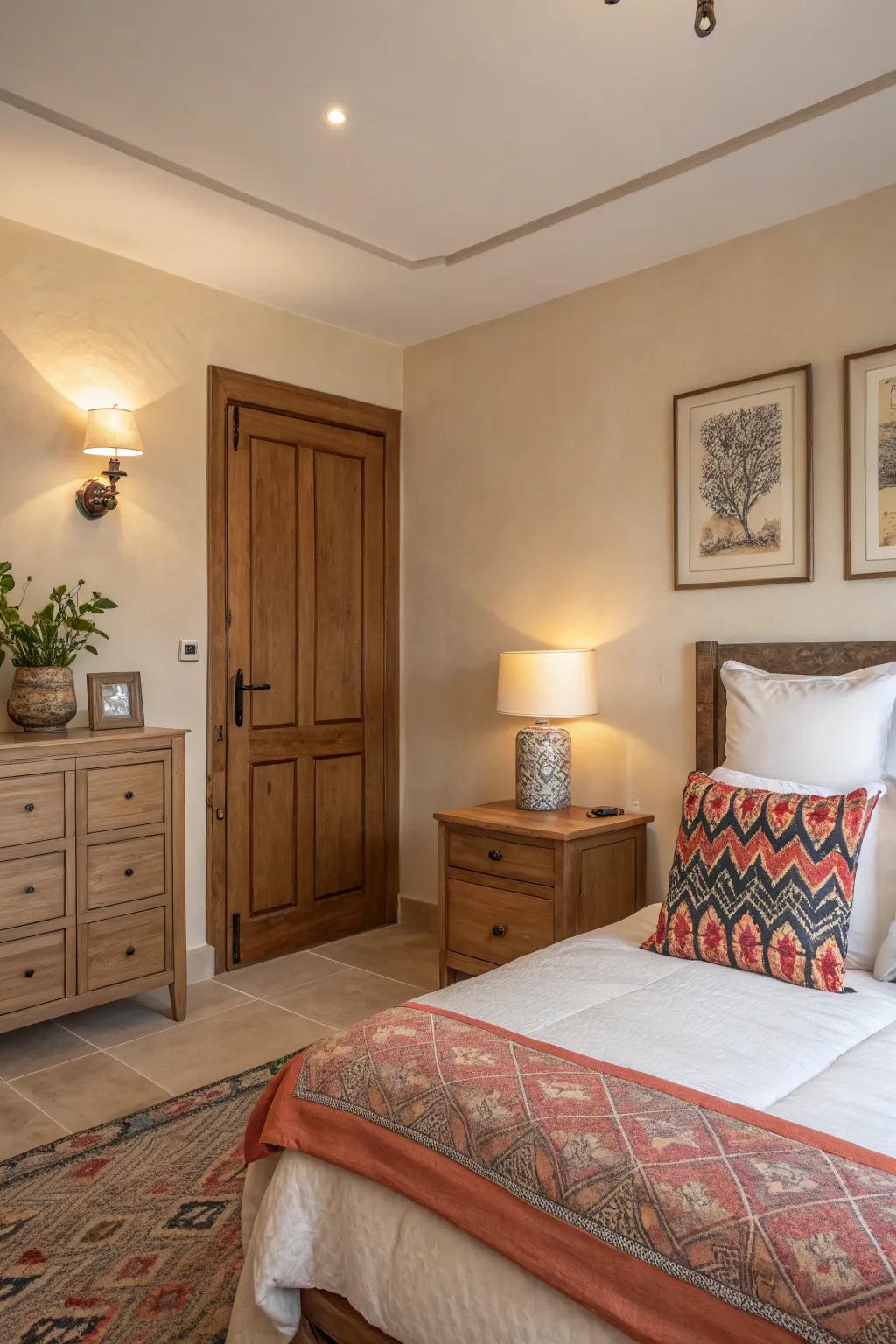 A pop of color adds vibrancy and flair to a neutral bedroom.