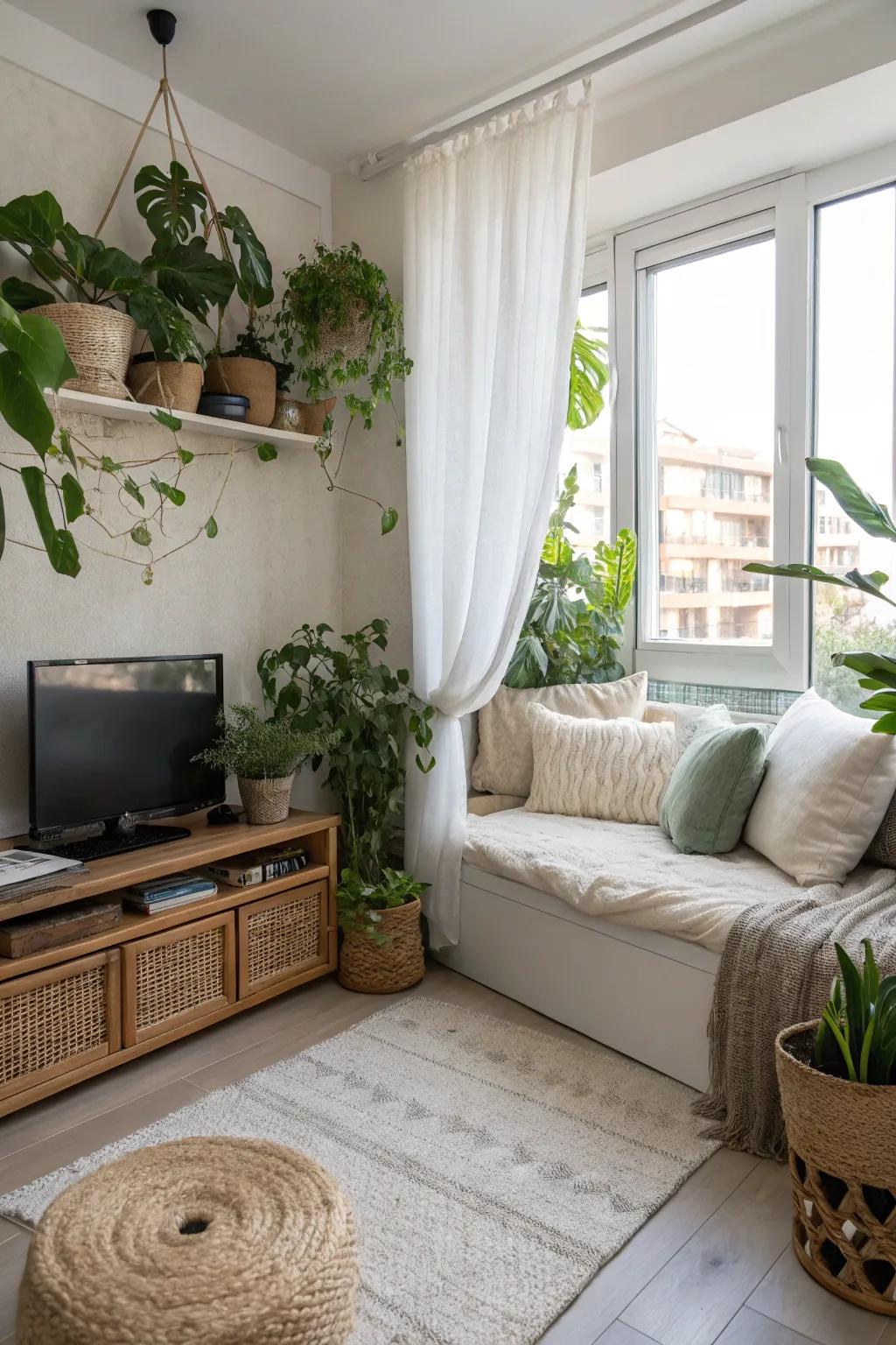 Greenery adds a fresh, natural touch to your bedroom television area.