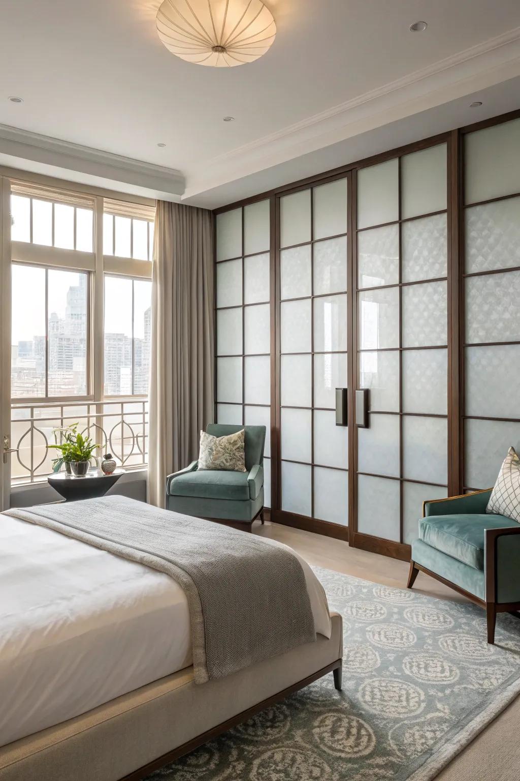 Cloudy glass panels offer privacy with a stylish touch.