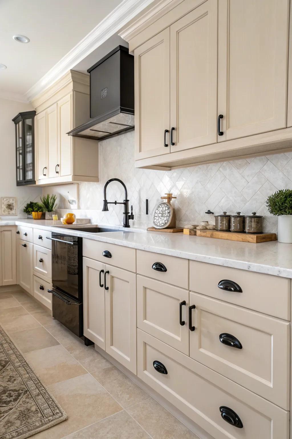 Dark details provide a sophisticated contrast to the light palette.