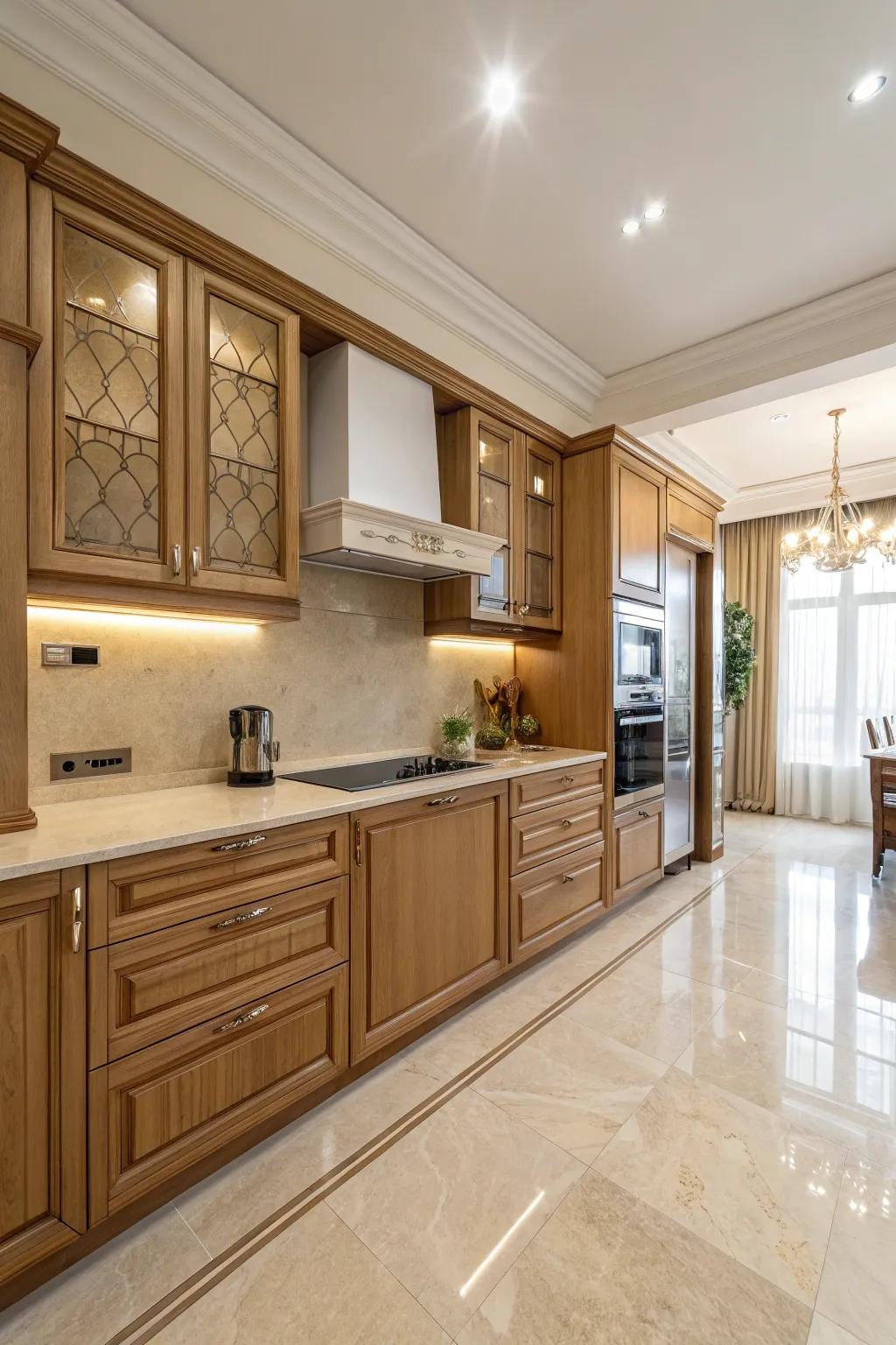 A beige culinary space combines classic elegance with comfort and practicality.