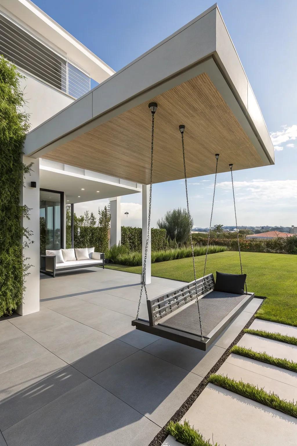 Floating benches add a captivating and surprising element to patios.