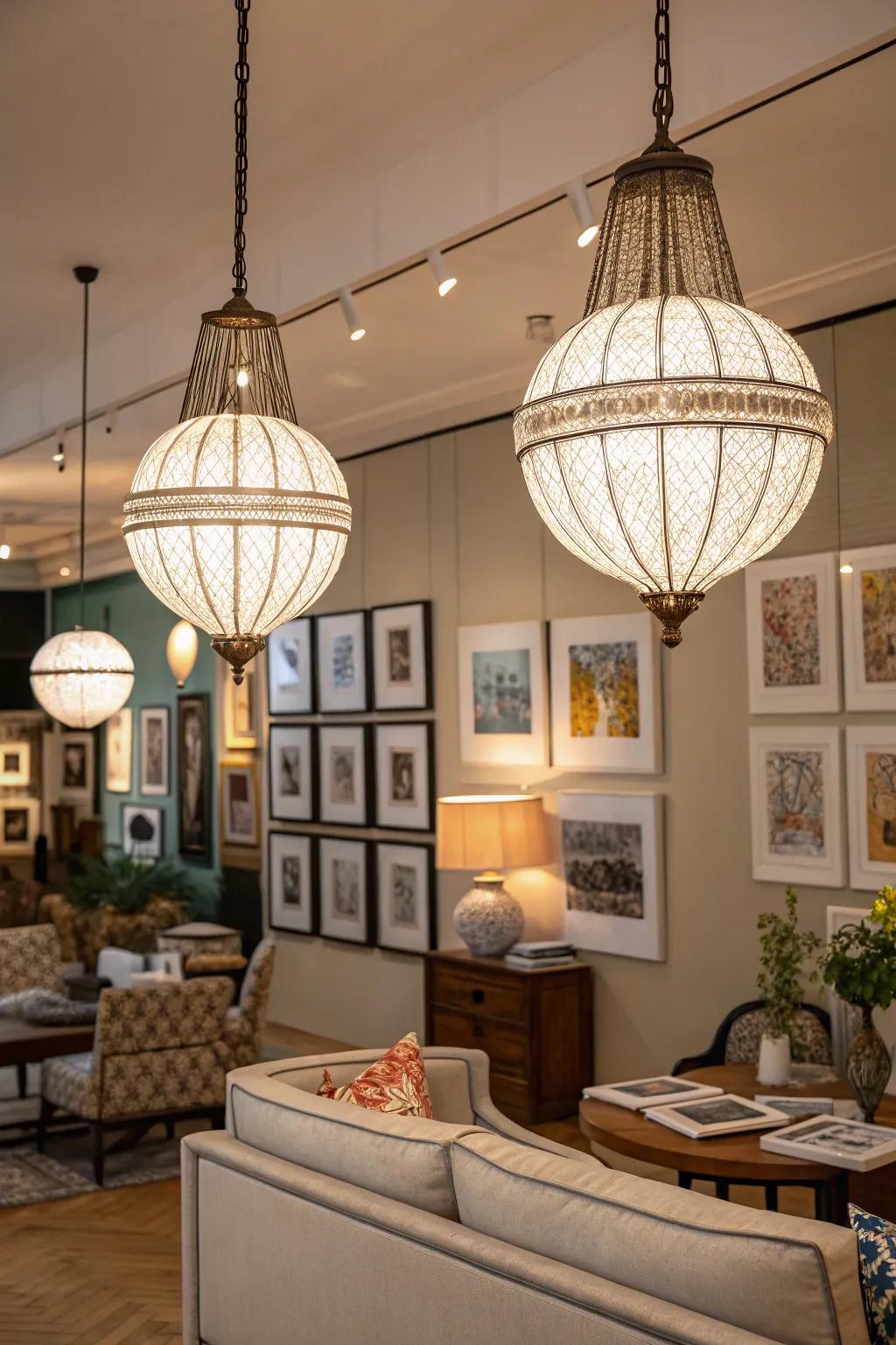Distinctive pendant lights adding character to an art display