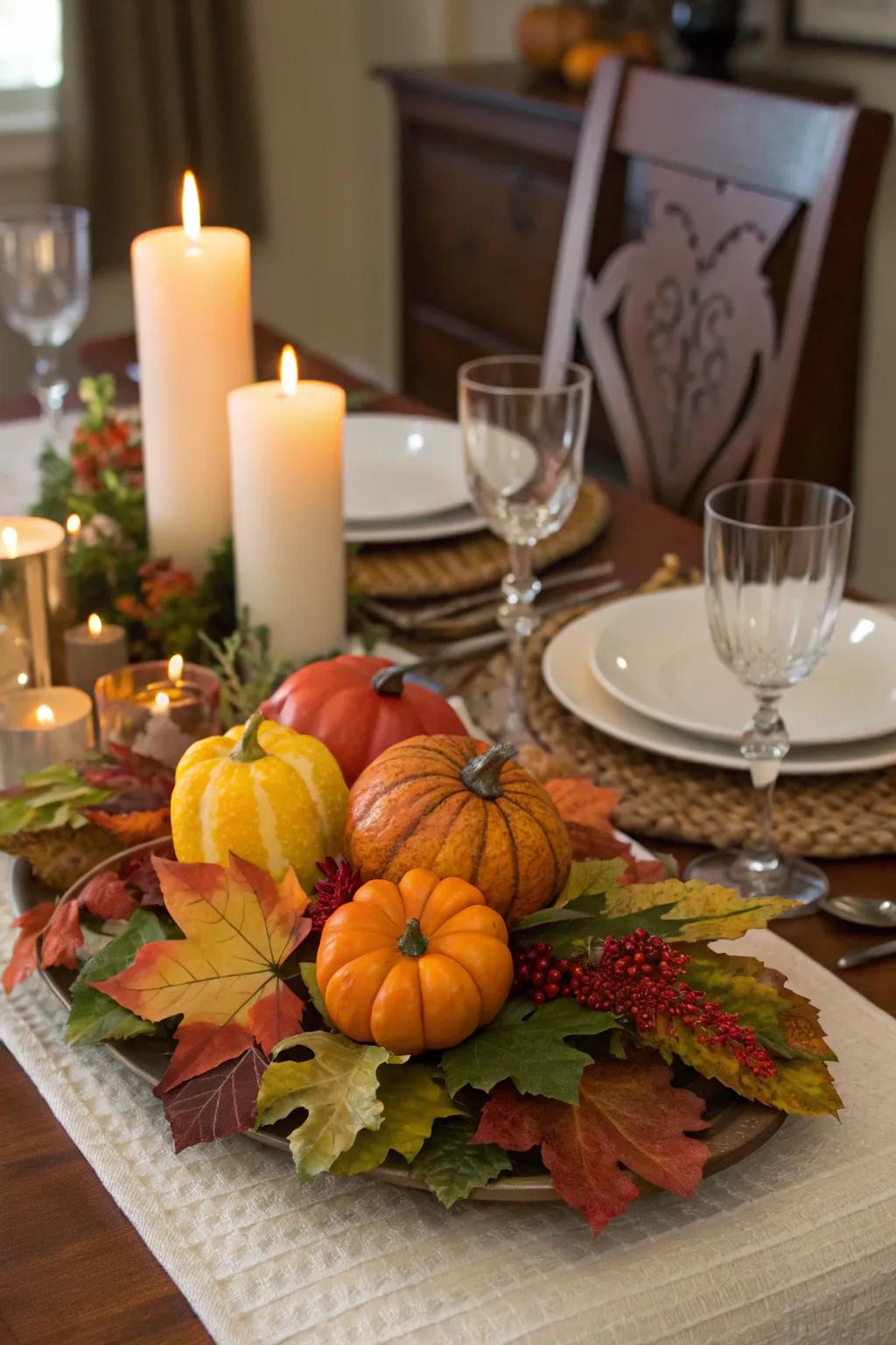 Establish the ambiance through a vibrant harvest centerpiece.