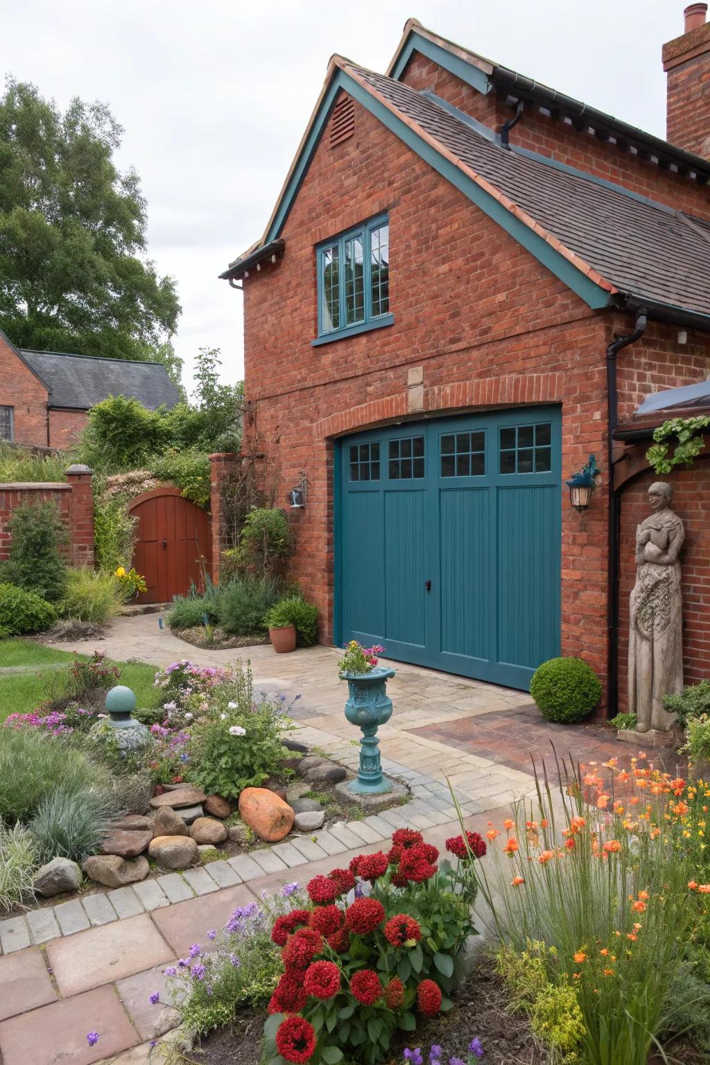 Turquoise garage doors add an artistic flair to red brick homes.