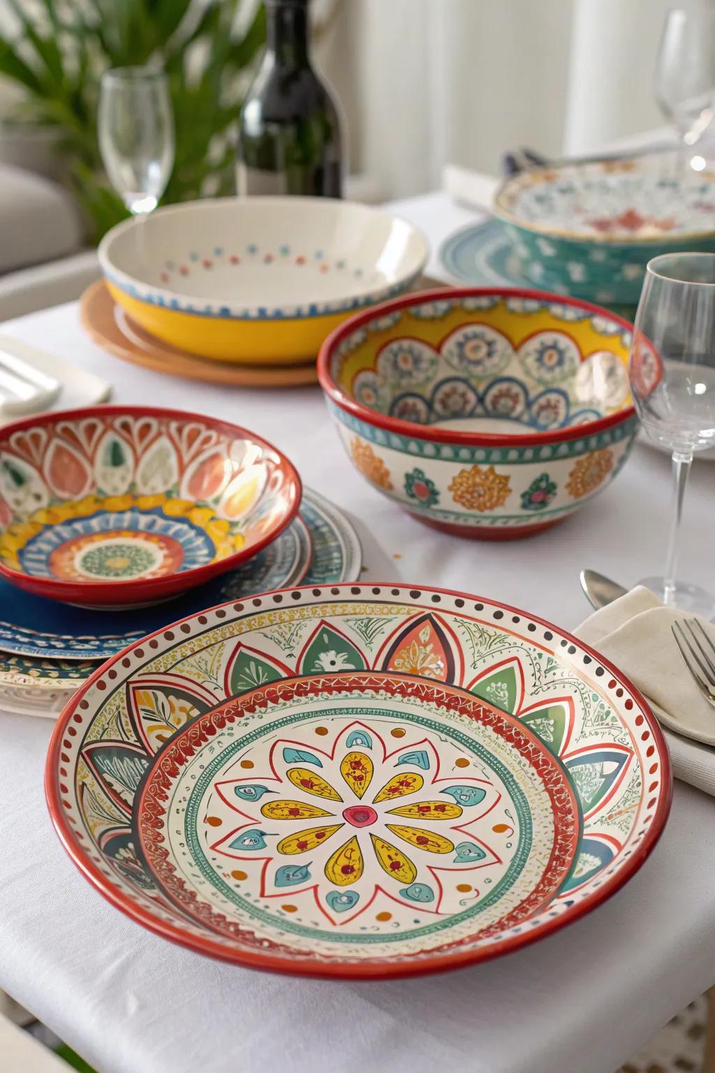 Painted pottery is both functional and artistic, perfect for any dinner setting.