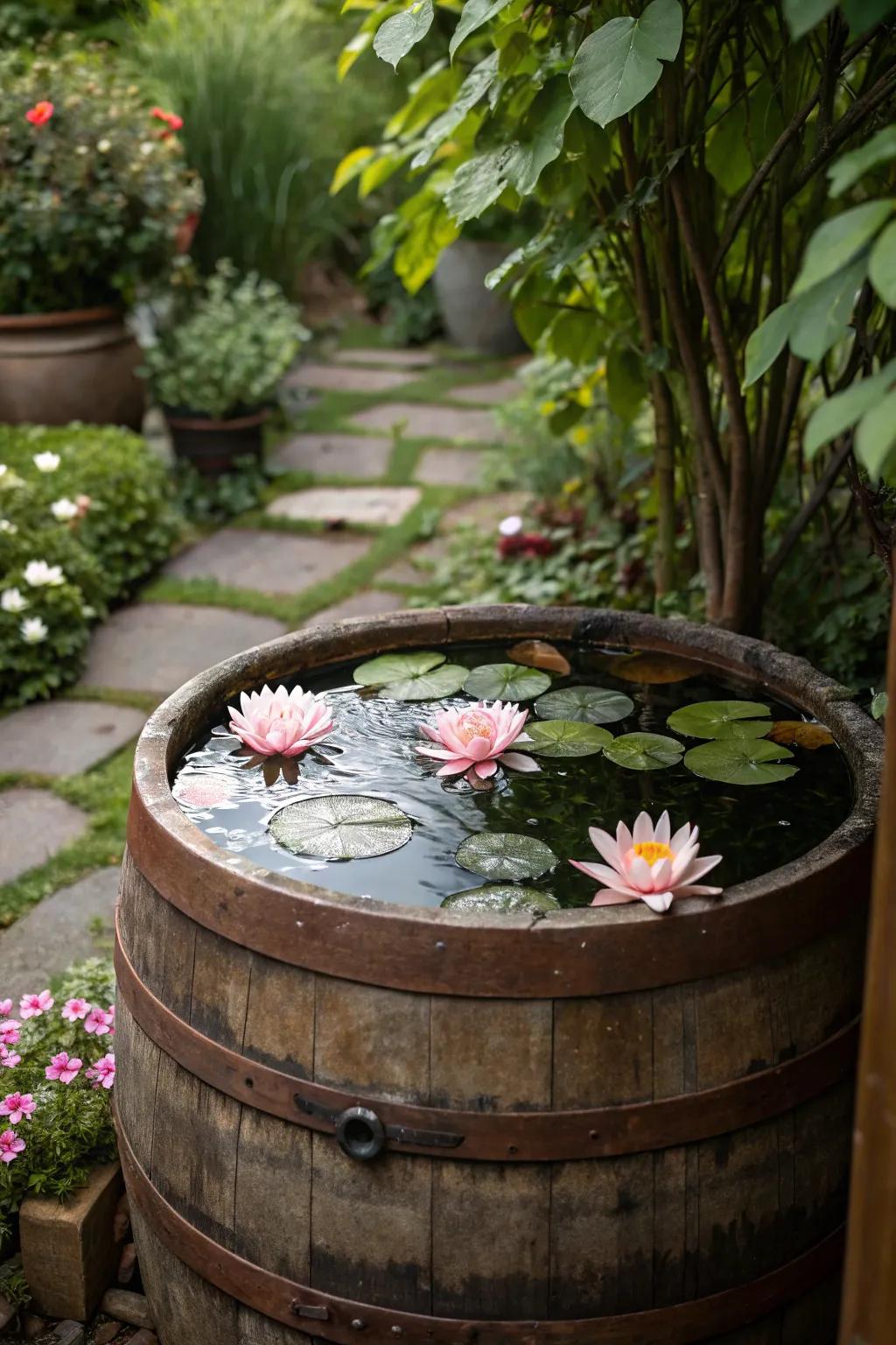 A tranquil whiskey barrel water garden with peaceful water lilies.