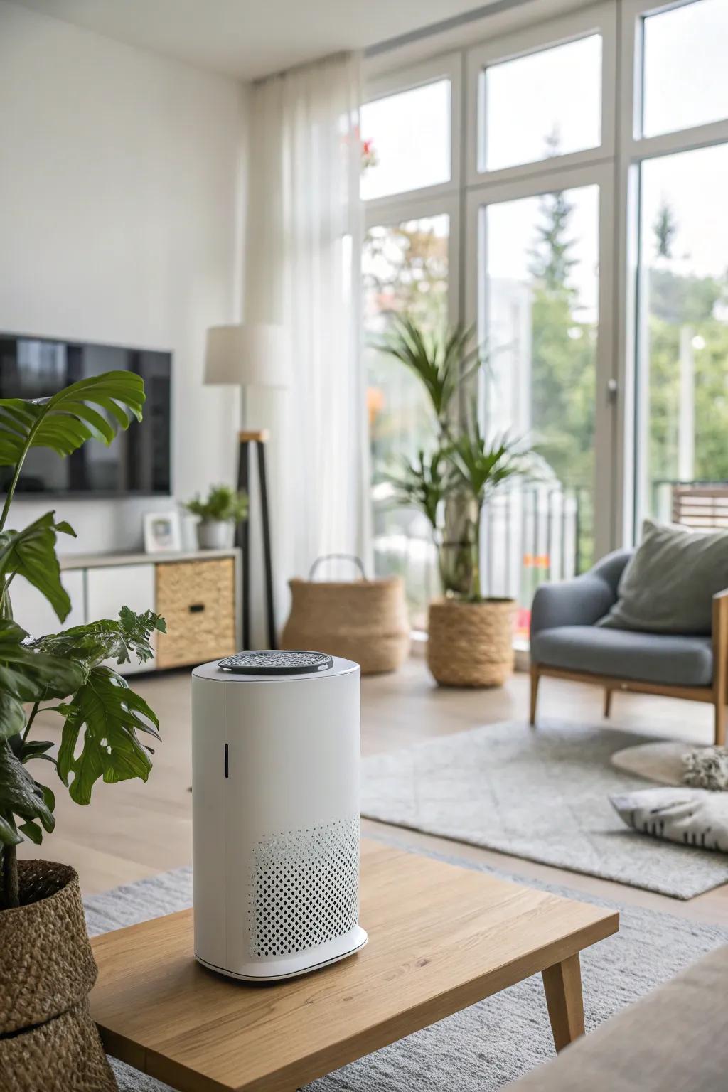A smart air purifier subtly enhances air quality, harmonizing with the design of the living room.