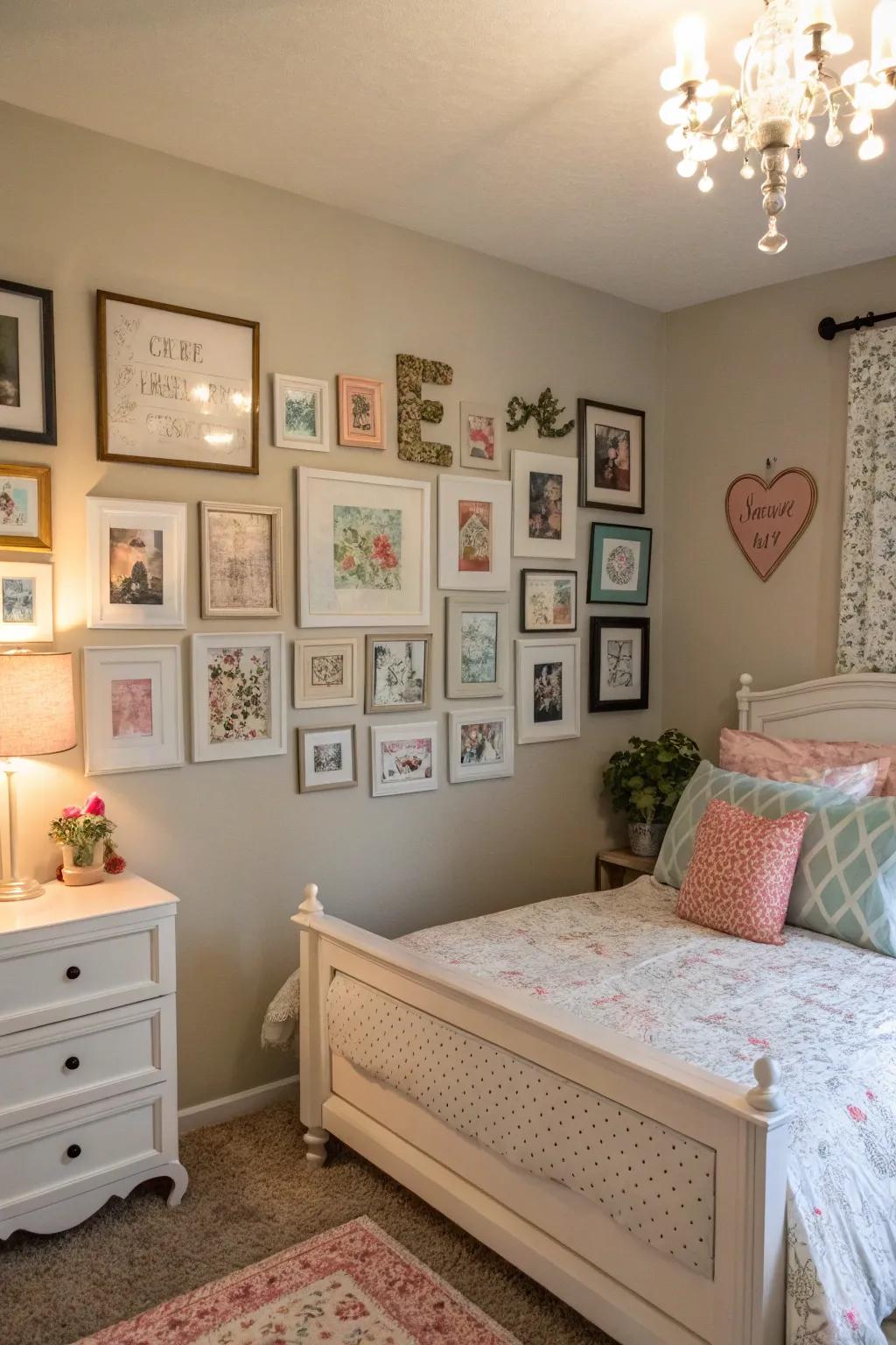An art display wall that tells her personal story through artwork and images.