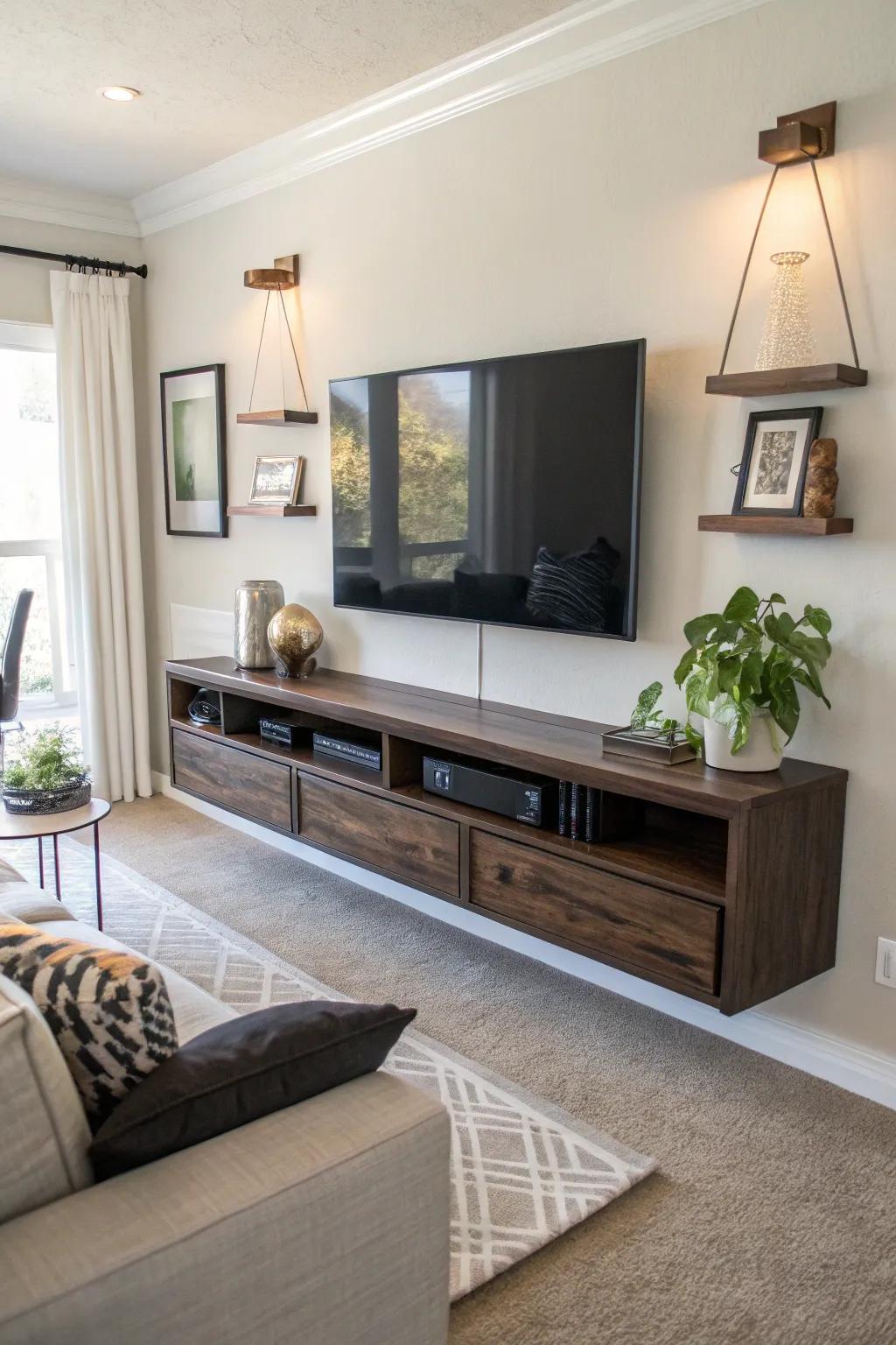 Sleek storage options are available with a floating console.