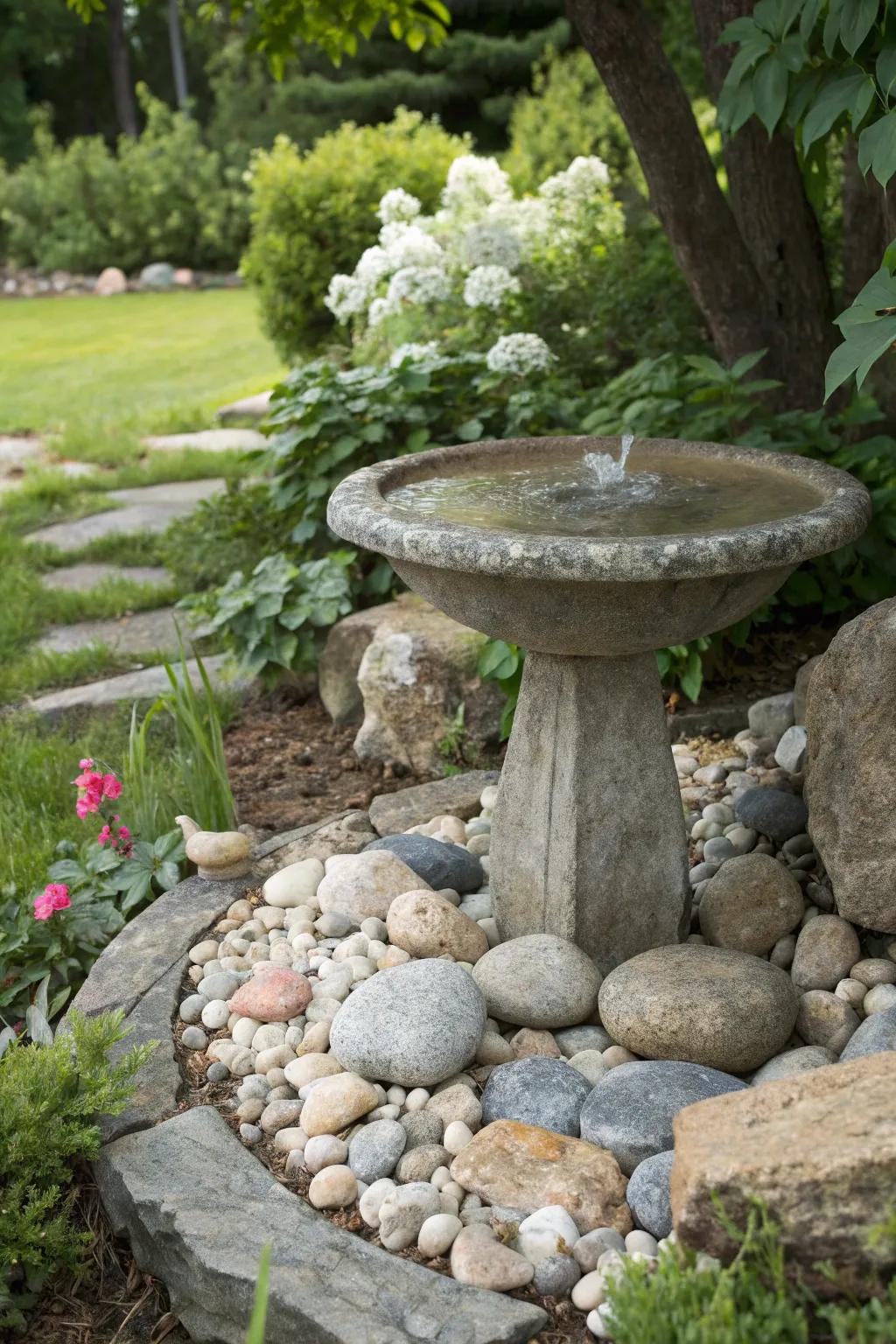 A granite bird spa set among natural rocks, offering a classic and enduring garden feature.