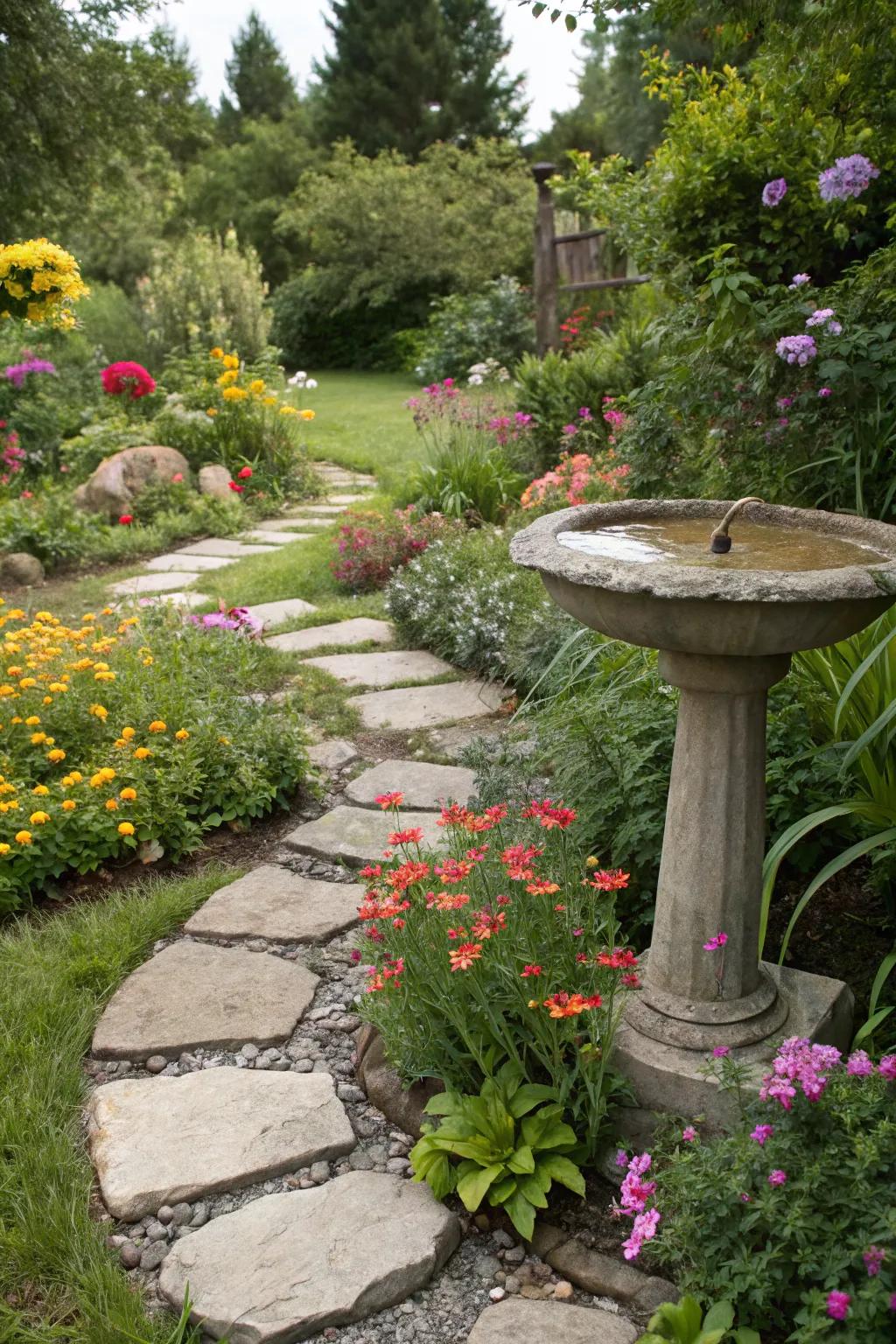 A pathway stone bird bath surprises and delights along the path.