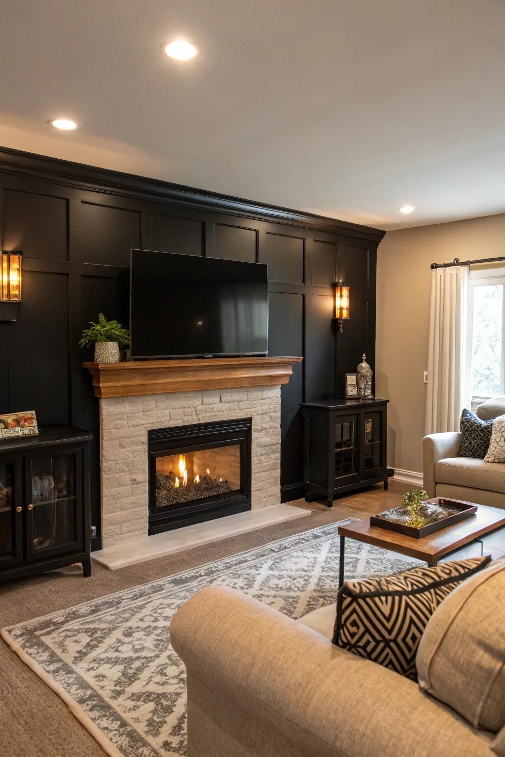 A fireplace brings warmth and luxury to a black accent wall.