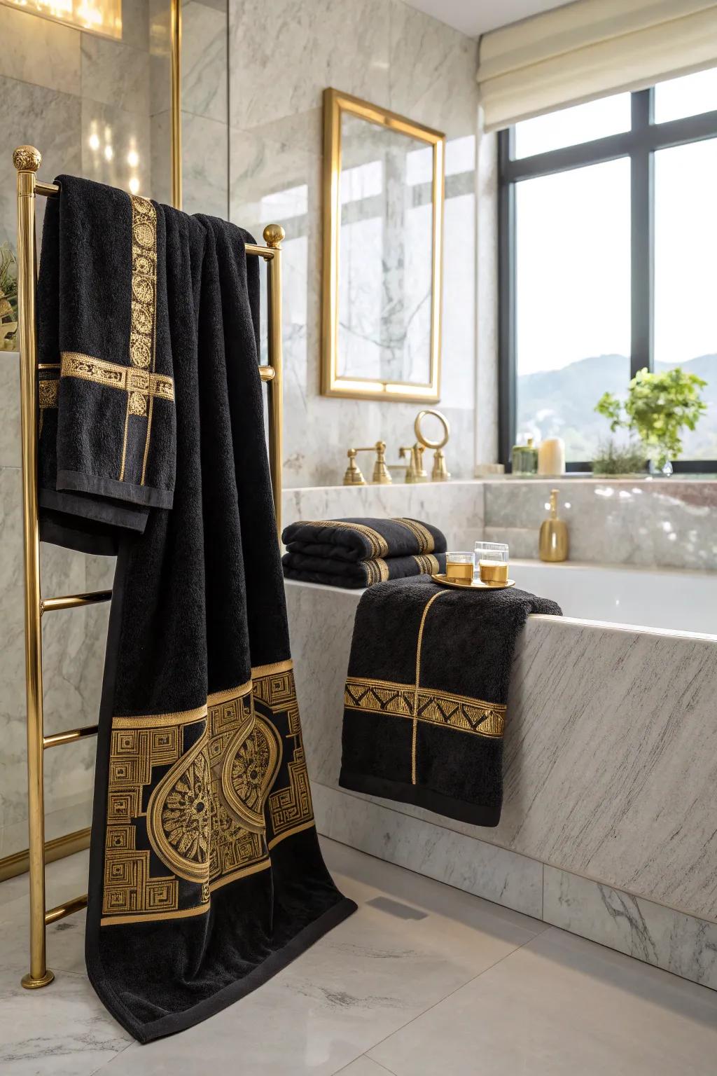 Black and gold towels add sophistication and comfort.