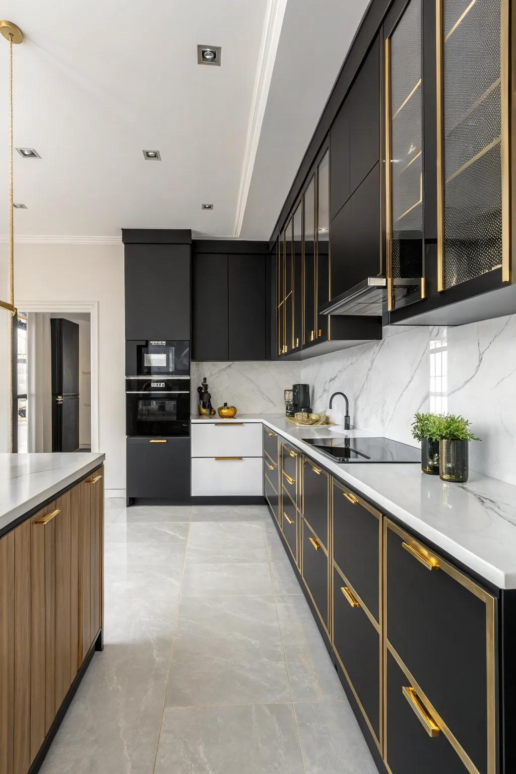 Minimalist décor with bold ebony and gilded highlights.