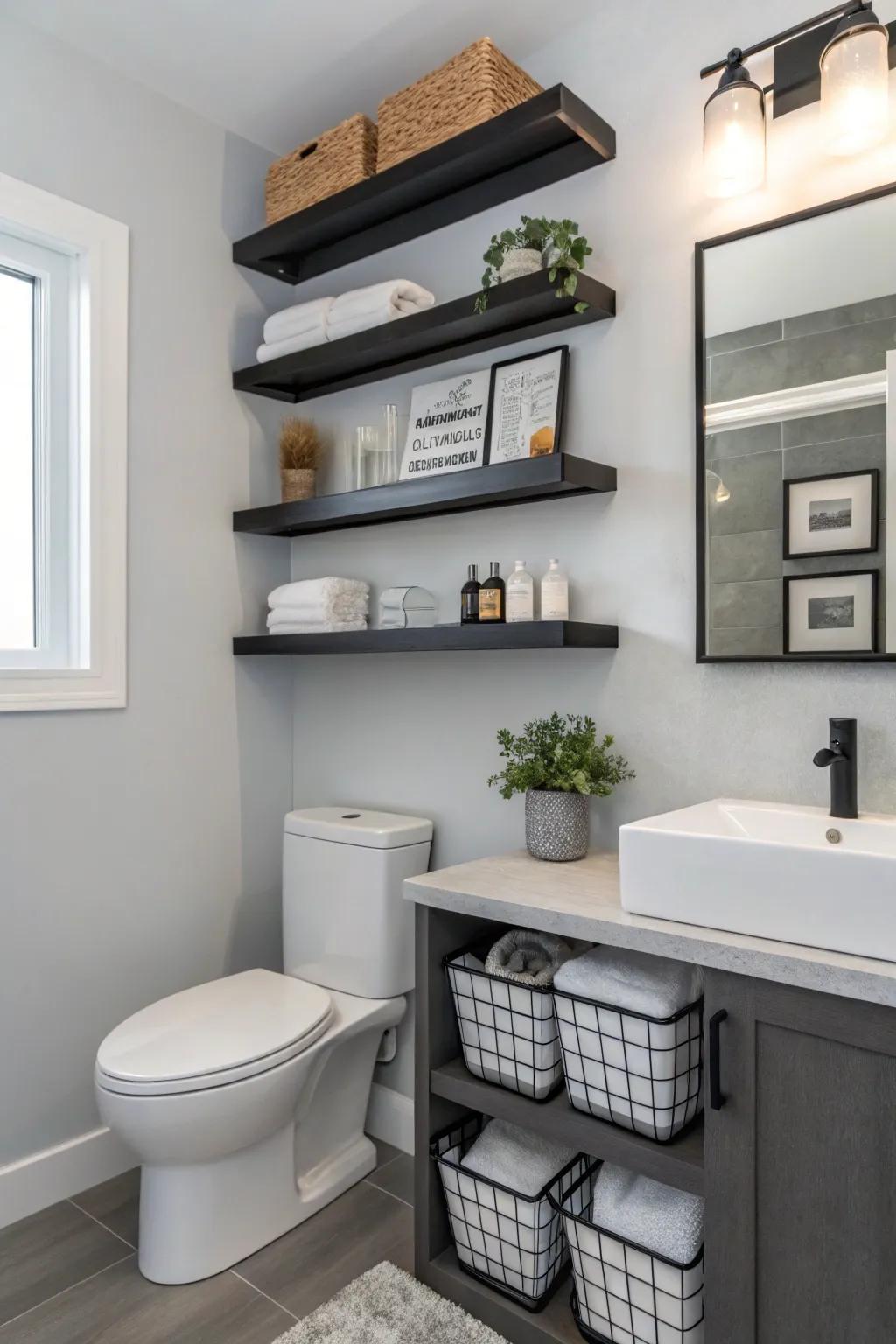 A bathroom enhanced with suspended ledges that combine style with practicality.