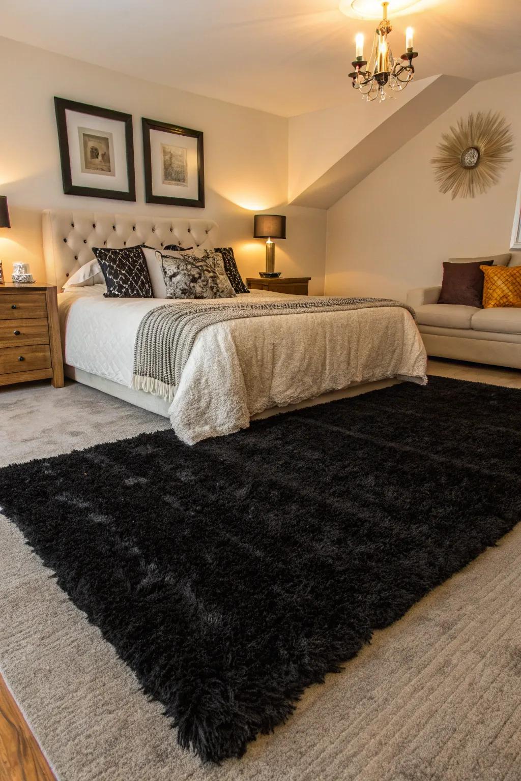 A bedroom with a luxury onyx rug adding warmth.