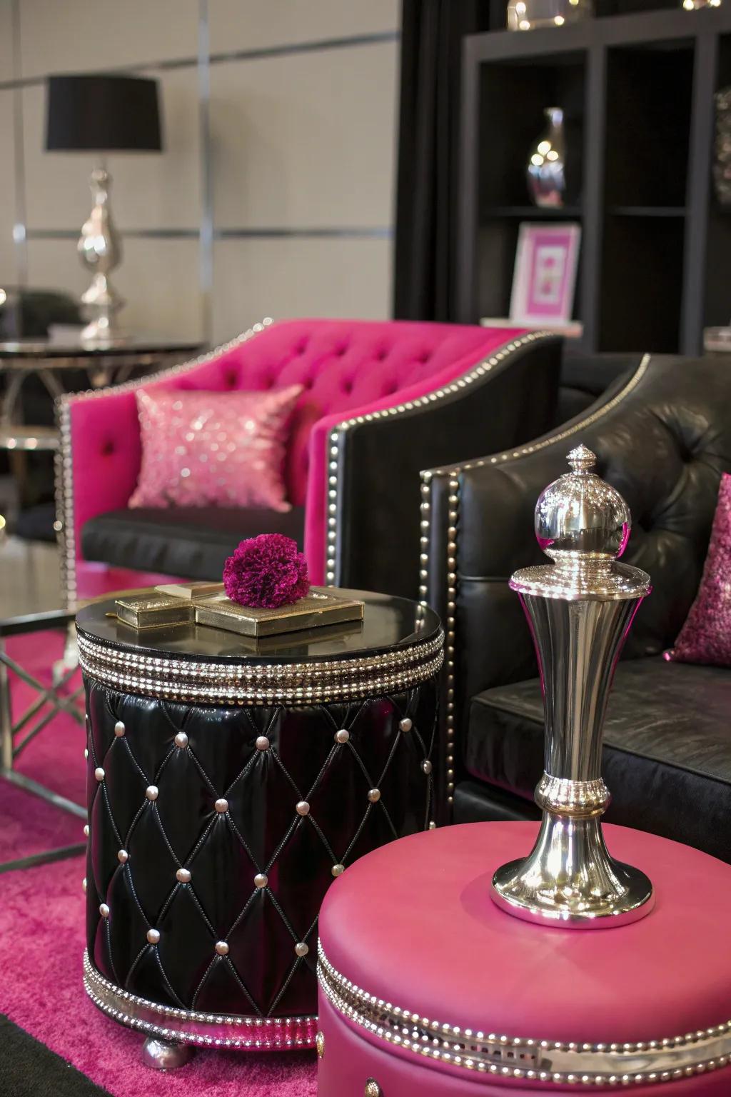 Metallic hints enhance the room's luxurious feel.