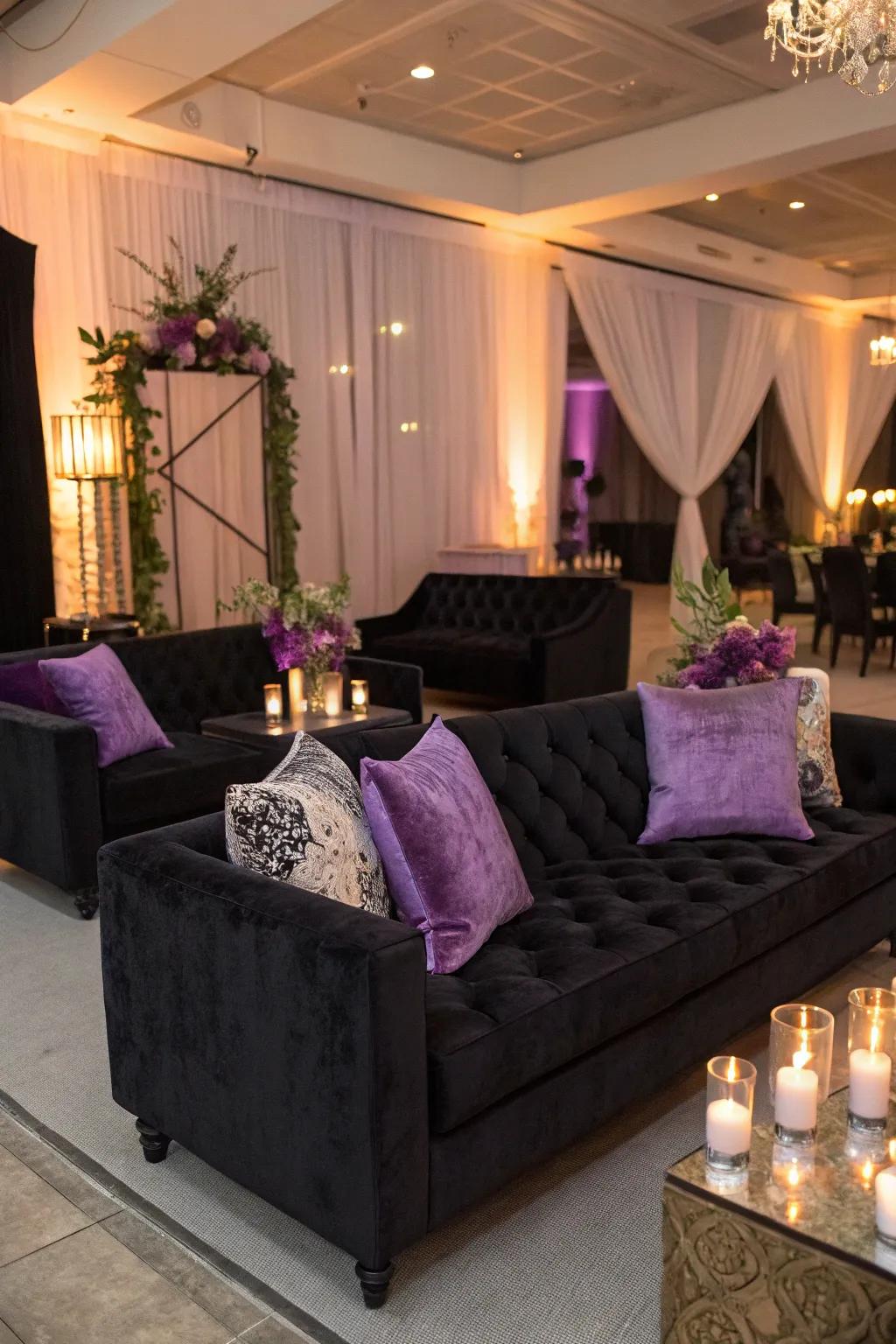 A lavish relax spot featuring onyx velvet sofas and violet pads.
