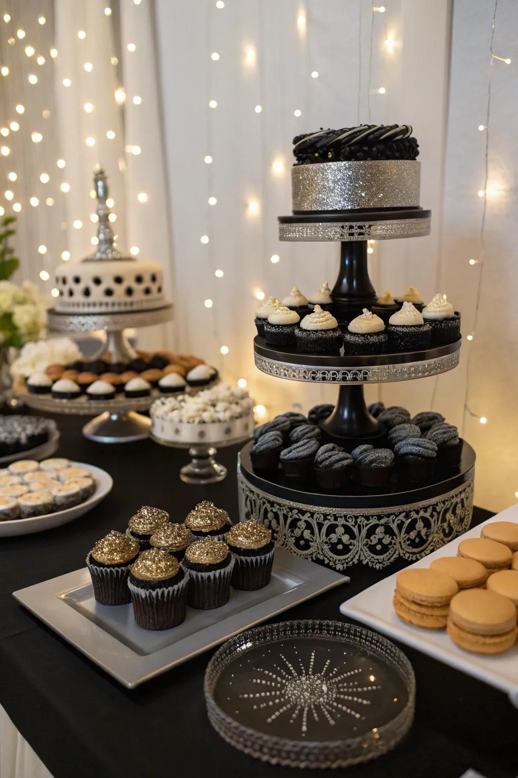 An inviting dessert table with elegant illumination.