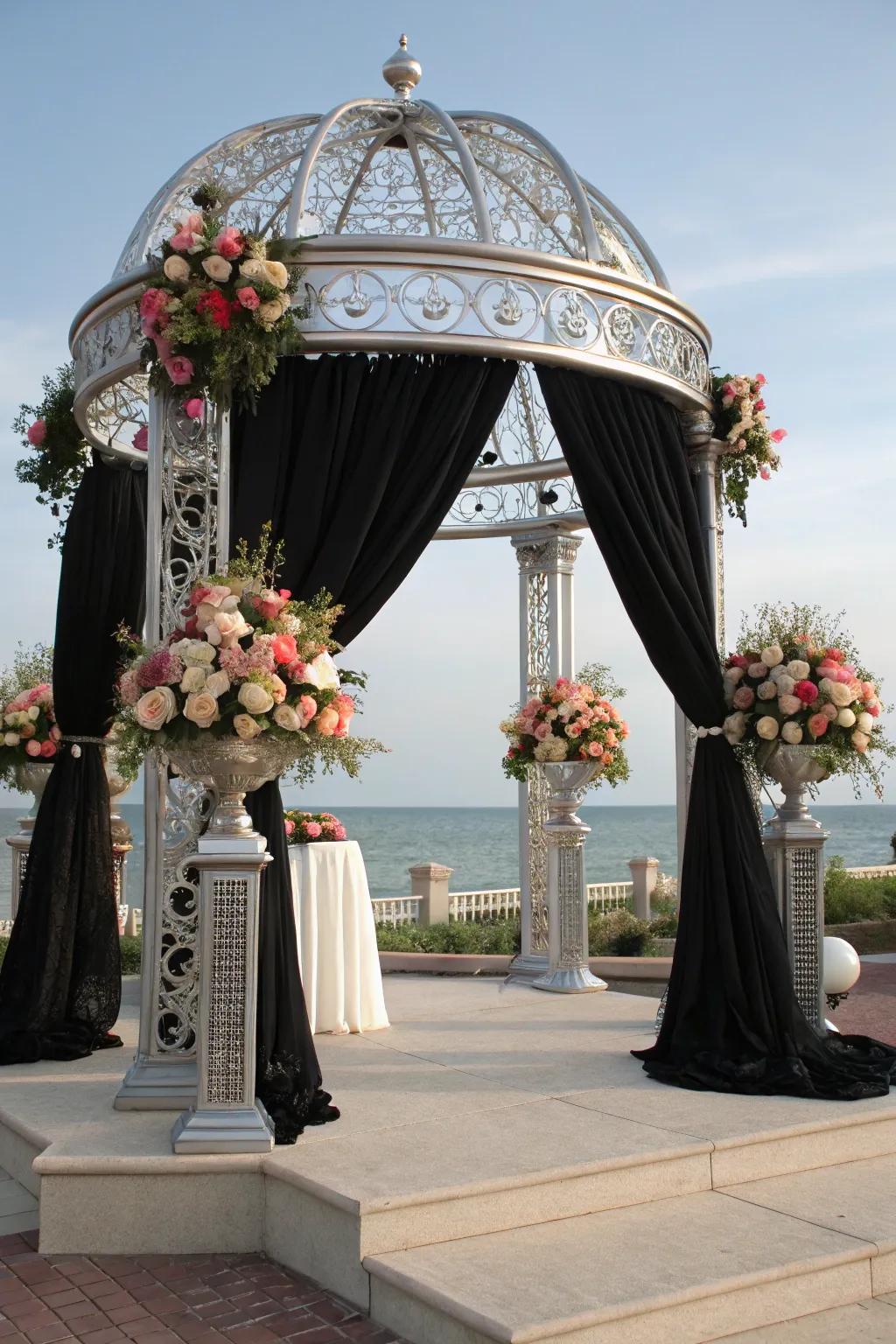 A unique ceremony entrance exhibiting ebony and bright components.
